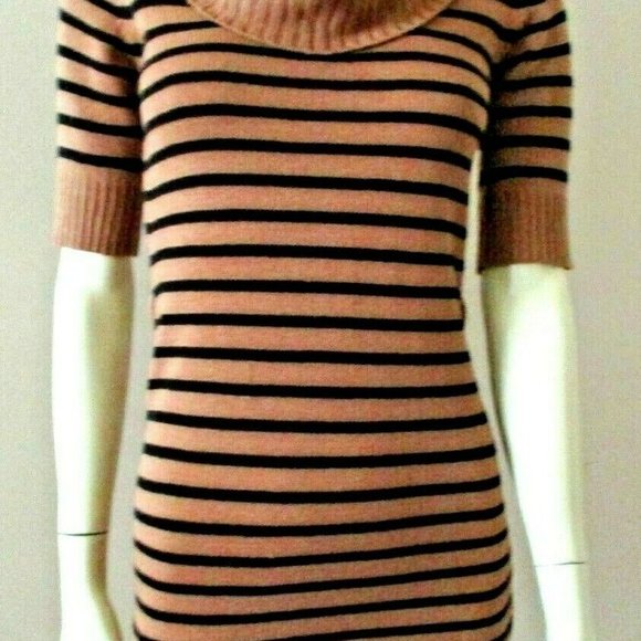 Breton Stripe Cowl Neck Mini Sweater Dress sz S Black and Tan - Picture 2 of 6